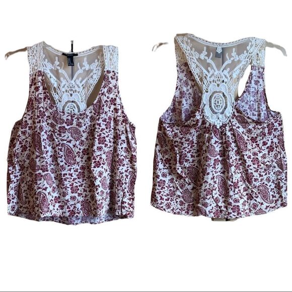 Forever 21 Red & White Floral Racer Back Lace Crop Top  Paisley Crochet size M - Picture 3 of 13